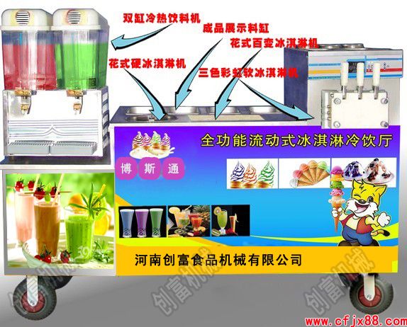多功能冰激凌组合车 电压:220V 总功率:2900W 重量:280kg 集彩虹夹心冰淇淋机、硬质冰淇淋机、冷热果汁机、刨冰机为一体的多功能小车。 特点:随机配置美式三色果味火炬软冰淇淋机,花式硬冰淇淋机,大理石百变冰淇淋机,并含双缸饮料机,内置大功率进口意大利压缩机,制作,冷冻冷藏于一体,取代硬质(花式)冰淇淋展示柜,,可现做奶茶,冷热饮!